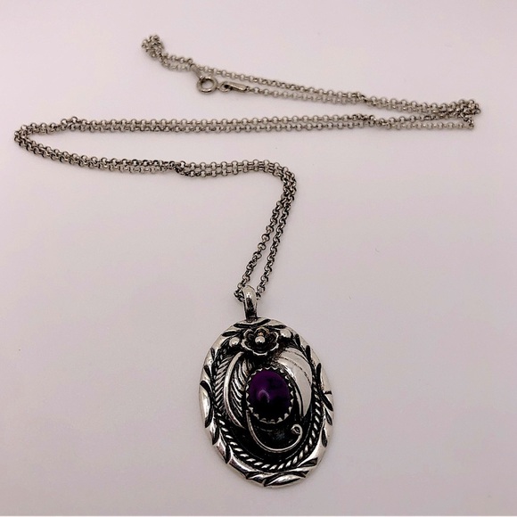 Vtg Navajo Sterling Silver Purple Mojave Mohave Stone Floral Necklace 22” +1.4” - Picture 3 of 12